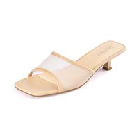 Dumjey Mesh Heel Mules for Women Kitten Heeled Sandals Square Open Toe Comfort Slip On Casual Shoes, Apricot, 9 UK