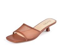 Dumjey Mesh Heel Mules for Women Kitten Heeled Sandals Square Open Toe Comfort Slip On Casual Shoes, Brown, 7.5 UK