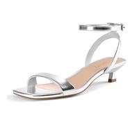 Dumjey Women Kitten Heel Sandals Ankle Strap Heeled Sandals Square Open Toe Dress Party Shoes, Silver, 5 UK