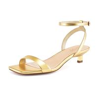 Dumjey Women Kitten Heel Sandals Ankle Strap Heeled Sandals Square Open Toe Dress Wedding Party Shoes, Gold, 10 UK