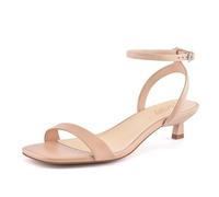 Dumjey Women Kitten Heel Sandals Ankle Strap Heeled Sandals Square Open Toe Dress Wedding Party Shoes, Nude, 10 UK