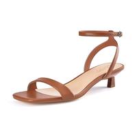 Dumjey Women Kitten Heel Sandals Ankle Strap Heeled Sandals Square Open Toe Dress Wedding Party Shoes, Brown, 10 UK