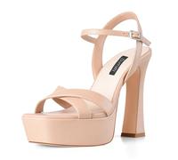 Dumjey Women Platform Sandals Chunky High Heel Ankle Strap Open Toe Spool Heels Cross Toe Strap Prom Party Dress Pumps with Buckle, Nude Matte, 6 UK