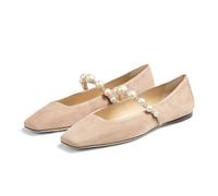Dumjey Women Square Toe Ballet Flats Pearl Strap Slip on Mary Janes Comfortable Pumps Walking Wedding Bride Party Dress Shoes, Nude, 5 UK
