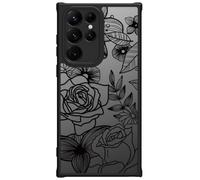 Dumkery Cute Flowers Case Compatible with Samsung Galaxy S22 Ultra, Girly Rose Aesthetic Black Line Art Floral Pattern Print, Hard PC Anti Scratch Heavy Duty Protection Cover for Girls Women