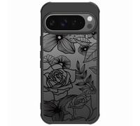 Dumkery Cute Phone Case Compatible with Google Pixel 9/9 Pro Case, Aesthetic Black Line Art Floral Rose Pattern Print, Translucence Hard PC Heavy Duty Protection Cover for Girls Women