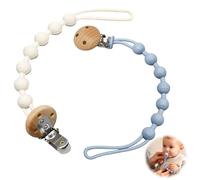 Dummy Clip, 2 Pack Silicone Soother Clips with Wooden Pacifier Holder Clip, Soft Flexible Pacifier Clips for Boys and Girls Easy for Mam, White and Grayish Blue