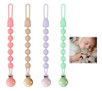 Dummy Clip, 4 Pack Food Grade Silicone Dummy Clips, Soft Flexible Baby Dummy Clip, One-Piece Design Keeps Pacifier Clean, for Boys and Girls(Purple+Pink+Green +Coffee)