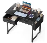 DUMOS 32" Home Office Computer Desk with Drawers, Small Gaming Writing Study Table with Storage Side Bag, Headphone Hook and Adjustable Feet for Bedroom Black