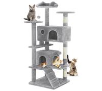 DUMOS 54-inch Indoor Cat Tree Tower -Multi-Level Pet House for Large Cats with 2 Condos, Scratching Posts, Round Platform, Small Ladder, and Toys, Light Grey