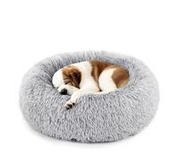 DUMOS Calming Donut Cat & Dog Bed for Medium Dogs, Machine Washable Cuddle Warming Cozy Fluffy Faux Fur Plush Round Dog Bed, Anti-Anxiety Waterproof Anti-Slip Pet Bed, Grey, 24×24×8 Inches