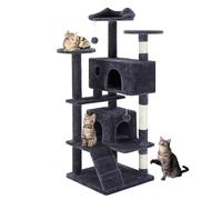 DUMOS Cat Scratching Post, 135 cm Cat Tree, Climbing Tower, Cat Tree with Cave, Completely Wrapped with Sisal, Scratching Post, Activity Scratching Posts for Cats of All Ages (Dark Grey)
