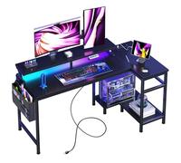 DUMOS Gaming Desk, Computer Desk with USB Charging Ports, Power Sockets, Type-C and LED Lights, Reversible L-Shaped Desk with Storage Shelves and Monitor Stand for Office Gaming Room Black 48 Inch