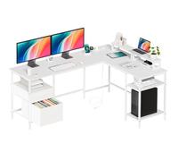 DUMOS L-shaped gaming desk with charging station and 2 monitor stands, computer desk with drawer and adjustable storage shelves, large corner desk for home office