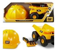 CAT articulated freewheeling dump truck and construction helmet