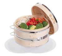 Dumpling Bamboo Steamer 10 Inch 2 Tier Wooden Basket With Handle, Reusable Silicone Liner, Kit For Cooking Baby Bao Bun, Dim Sum, Rice Potsticker Steaming Chinese Asian Food & Vegetables