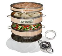 Dumpling Bamboo Steamer 12 Inch 2 Tier Wooden Basket With Handle, Ring Adapter, Reusable Silicone Liner, Kit For Cooking Baby Bao Bun, Dim Sum, Rice Potsticker Steaming Chinese Asian Food & Vegetables
