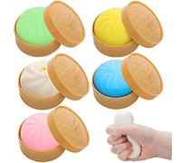 Dumpling Squishy Stress Balls,UHOMENY 4Pcs Colorful Fidget Sensory Stress Ball and 1Pcs Custard Bun Squeeze Dough Ball，Stress Relief Bun with Food Steamer(Yellow, Green, Blue, Pink, Cream)