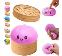 Dumpling Squishy Toy, Big Mystery Dumplings Squishies Box, Cute Bao Bun Fidget Real Office Desk Decor for Adult, Soft Sensory Squeeze Ball with Steamer for Anxiety Stress Relief, Surprise Gift (Pink)