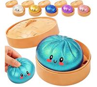 Dumpling Squishy Toy, New Cute Glitter Dumpling Squishy Ball with Plastic Steamer Box, Giant Mystery Dumpling Squishy, Sensory Anxiety Relief Squeeze Toy for Kids & Adults Ages 3+ (Glitter Blue2)