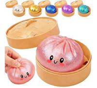 Dumpling Squishy Toy, New Cute Glitter Dumpling Squishy Ball with Plastic Steamer Box, Giant Mystery Dumpling Squishy, Sensory Anxiety Relief Squeeze Toy for Kids & Adults Ages 3+ (Glitter Pink)
