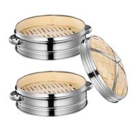 Dumpling Steamer, Bamboo Steamer 7.9 Inch 2 Tiers Bamboo Steamer Basket with Lid and Binaural Handle Hollow Dumpling Steamer with Stainless Steel Ring for Cooking Vegetables, Bamboo Steamer Basket