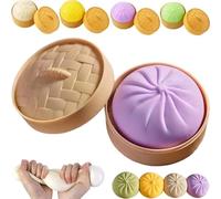 Dumplings Squishy, Glitter Dumpling Squishy, Stress Balls Colorful Fidget Sensory Ball and Custard Bun Squeeze Dough Ball Stress Relief Bun with Food Steamer（Purple）
