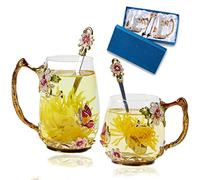 DUMVOIN Tea Cup Glass Coffee Mugs,Fancy Tea Cup Set Birthday Christmas Valentine's Day Gift Idea for Tea Lover and Women Novelty Coffee Mugs Rose Flower Enamel Tea Cup Glass Mug with Spoon