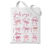 Dumyum Christian God Says I Am Pink Bow Tote Bag Gifts for Women Girls Bestie Bible Verse Religious Gift Pink Bow Aesthetic Reusable Grocery Shoulder Bag for Shopping Travel Daily Commute