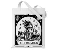 Dumyum Funny Canvas Tote Bag Gifts for Women Book Lover Bookworm Bookish the Reader Tarot Card Skeleton Reading Aesthetic Reusable Grocery Shoulder Bag for Shopping Travel Daily Commute