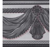 Dundee Deco BD3213 Peel and Stick Faux Charcoal Grey Black Curtains Light Grey Wallpaper Border Retro Design, Roll 33 ft. x 4 in. (10m x 10cm), Self Adhesive
