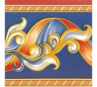 Dundee Deco BD3217 Peel and Stick Abstract Red Yellow Stripe Yellow Vines Navy Blue Wallpaper Border Retro Design, Roll 33 ft. x 4 in. (10m x 10cm), Self Adhesive