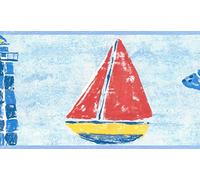 Dundee Deco BD6084 Prepasted Wallpaper Border - Nautical Red, Blue, Yellow Lighthouse, Ship, Ducky Wall Border Retro Design, 15 ft x 5.25 in (4.57m x 13.34cm)