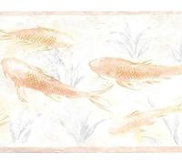 Dundee Deco BD6105 Prepasted Wallpaper Border - Nautical Pearl, Beige, Pink, Light Green Fish in Pond Wall Border Retro Design, 15 ft x 9 in (4.57m x 22.86cm)