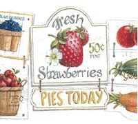 Dundee Deco BD6224 Prepasted Wallpaper Border - Country Green, Beige Fruits, Vegetables Store Signs Scalloped Wall Border Retro Design, 15 ft x 9 in (4.57m x 22.86cm)