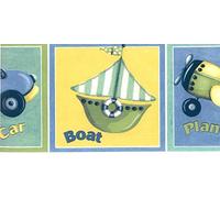 Dundee Deco BD6270 Prepasted Wallpaper Border - Kids Blue, Yellow, Green Boat, Plane, Train, Car Wall Border Retro Design, 15 ft x 5 in (4.57m x 12.7cm)