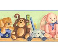 Dundee Deco BD6282 Prepasted Wallpaper Border - Kids Green, Blue, Brown Plush Toy Animals Wall Border Retro Design, 15 ft x 7.5 in (4.57m x 19.05cm)