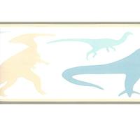 Dundee Deco BD6300 Prepasted Wallpaper Border - Kids Brown, Beige, Blue Dinosaurs Wall Border Retro Design, 15 ft x 8 in (4.57m x 20.32cm)