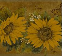 Dundee Deco DDAZBD9004 Peel and Stick Wallpaper Border - Floral Yellow, Mustard Sunflowers, Butterflies Wall Border Retro Design, 15 ft x 7 in (4.57m x 17.78cm), Self Adhesive
