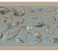 Dundee Deco DDAZBD9085 Peel and Stick Wallpaper Border - Damask Gold, Brown, Grey Scrolls, Leaves Wall Border Retro Design, 15 ft x 7 in (4.57m x 17.78cm), Self Adhesive