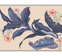 Dundee Deco DDAZBD9105 Peel and Stick Wallpaper Border - Floral Purple Tan Flowers Wall Border Retro Design, 15 ft x 7 in (4.57m x 17.78cm), Self Adhesive