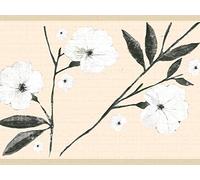 Dundee Deco DDAZBD9141 Peel and Stick Wallpaper Border - Floral White Cream Flowers and Leaves Wall Border Retro Design, 15 ft x 7 in (4.57m x 17.78cm), Self Adhesive