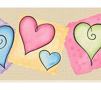 Dundee Deco DDAZBD9328 Peel and Stick Wallpaper Border - Kids Yellow Pink Purple Hearts Wall Border Retro Design, 15 ft x 7 in (4.57m x 17.78cm), Self Adhesive