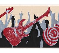 Dundee Deco DDAZBD9330 Peel and Stick Wallpaper Border - Music Red Black Grey Guitars Wall Border Retro Design, 15 ft x 7 in (4.57m x 17.78cm), Self Adhesive