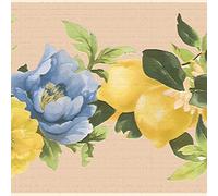 Dundee Deco DDAZBD9530 Peel and Stick Wallpaper Border - Floral Yellow Green Blue Lemons Flowers Wall Border Retro Design, 15 ft x 7 in (4.57m x 17.78cm), Self Adhesive