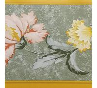 Dundee Deco Wallpaper Border Peel and Stick BD3117 Yellow Pale Pink Flowers on Vine Dark Green Floral Wallpaper Border Retro Design, Roll 33 ft. x 4 in. (10m x 10cm), Self Adhesive