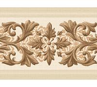 Dundee Deco Wallpaper Border Peel and Stick DDAZBD9104 Damask Beige Brown Vines Scrolls Wall Border Retro Design, 15 ft x 7 in (4.57m x 17.78cm), Self Adhesive