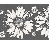 Dundee Deco DDAZBD9159 Peel and Stick Wallpaper Border - Floral Grey White Sunflowers Wall Border Retro Design, 15 ft x 7 in (4.57m x 17.78cm), Self Adhesive
