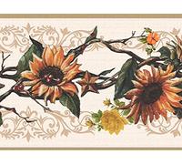 Dundee Deco Wallpaper Border Peel and Stick DDAZBD9171 Nature Tan Yellow Orange Flowers on Vines Wall Border Retro Design, 15 ft x 7 in (4.57m x 17.78cm), Self Adhesive