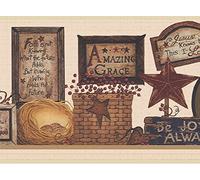 Dundee Deco Wallpaper Border Peel and Stick DDAZBD9172 Country Brown Maroon Signs Wall Border Retro Design, 15 ft x 7 in (4.57m x 17.78cm), Self Adhesive